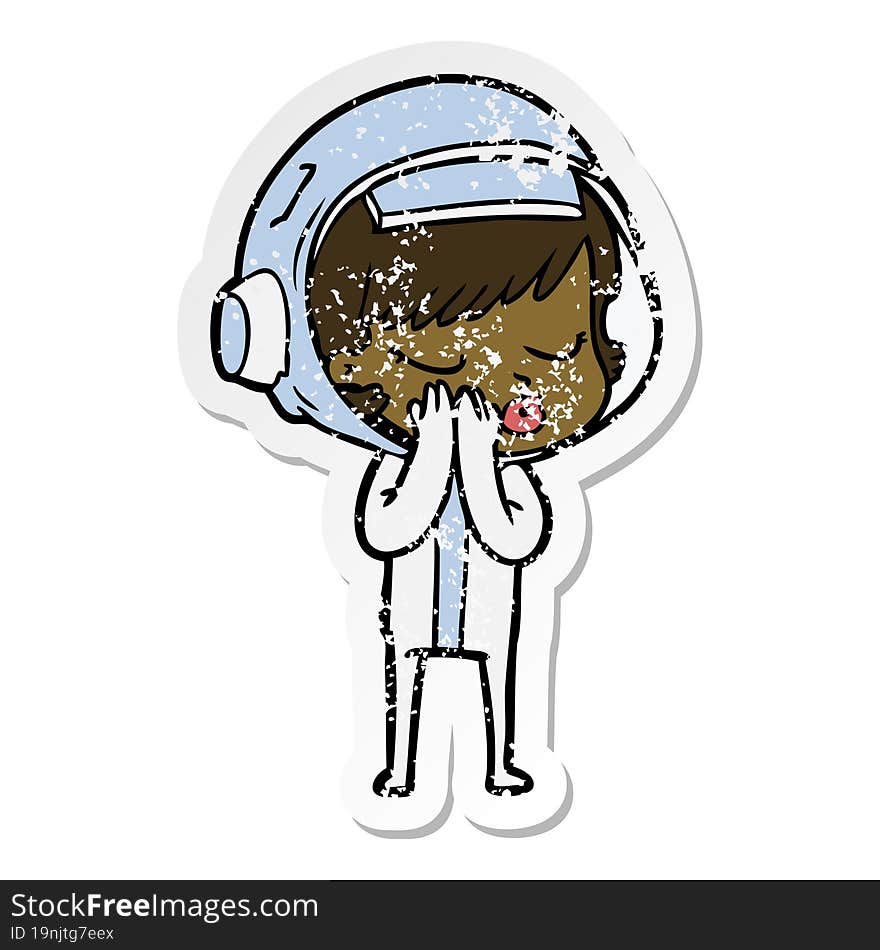 distressed sticker of a cartoon pretty astronaut girl