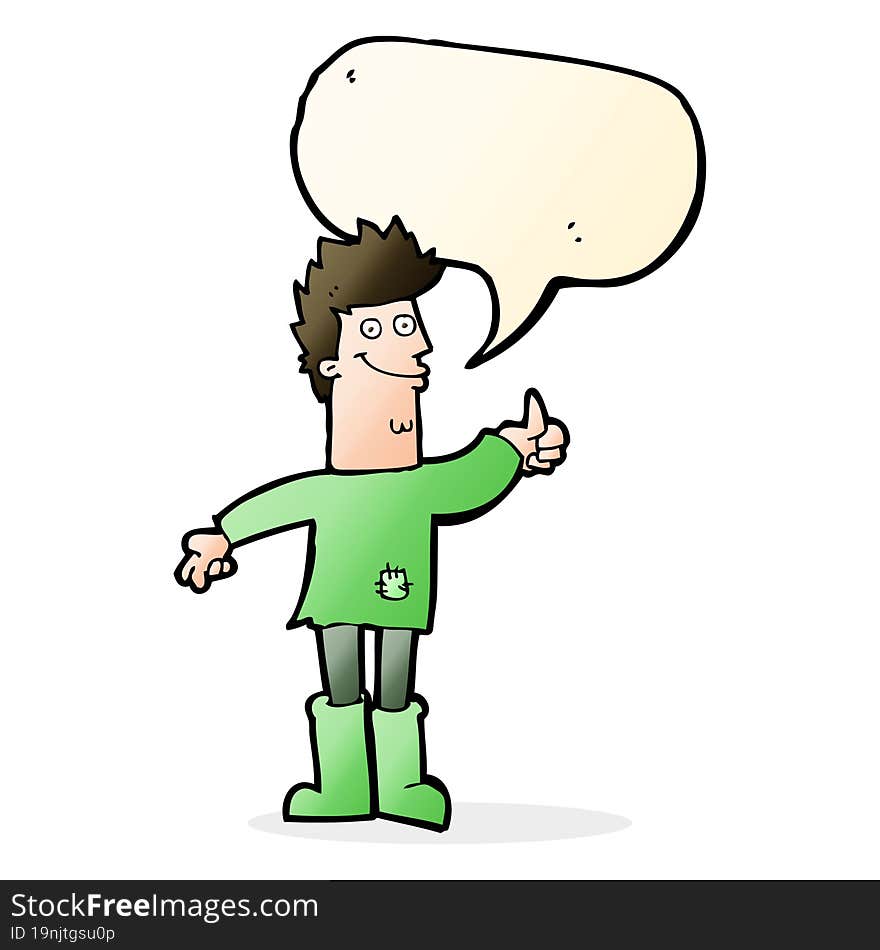 cartoon positive thinking man in rags with speech bubble