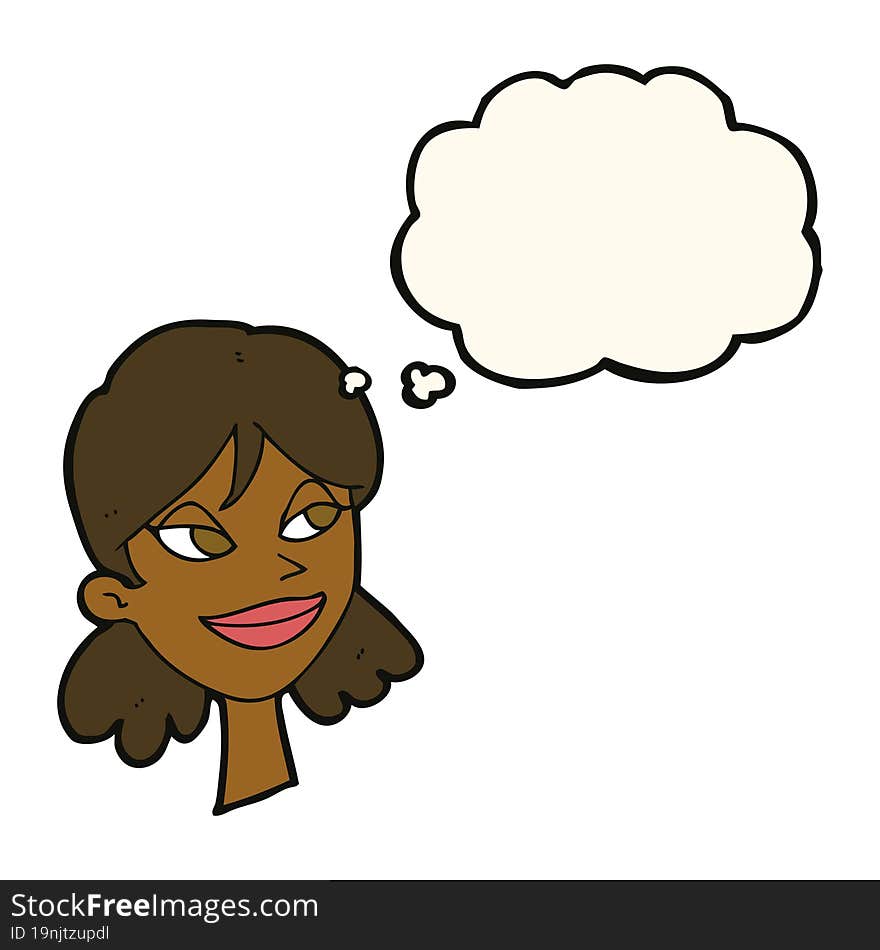 cartoon happy female face with thought bubble