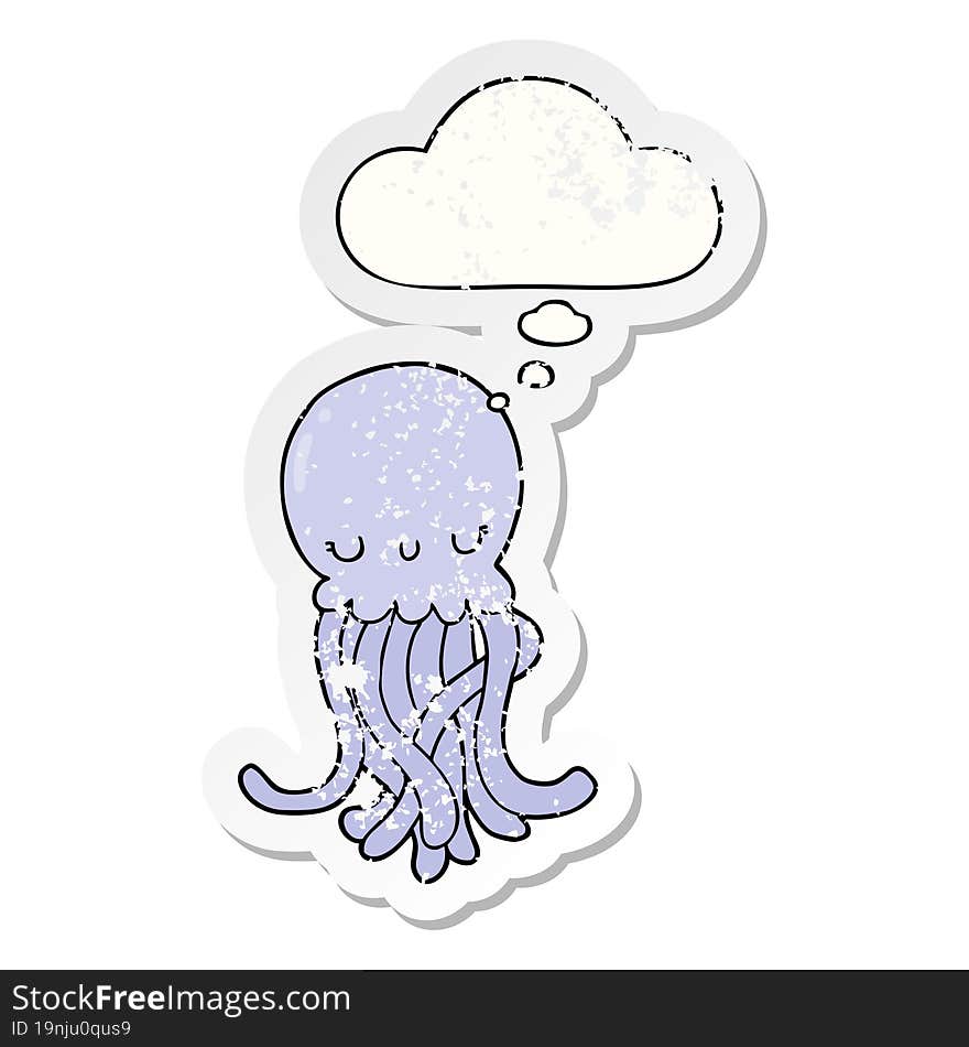 cute cartoon jellyfish and thought bubble as a distressed worn sticker