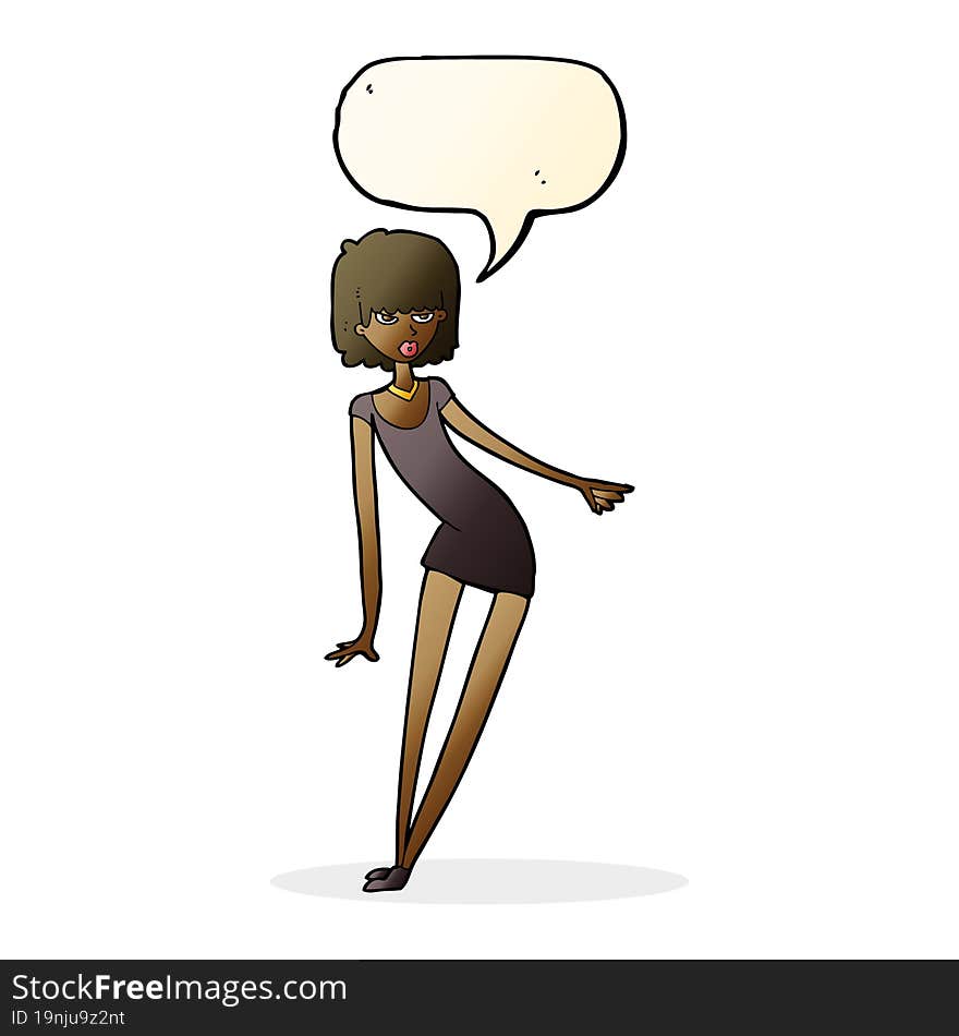 cartoon woman in dress leaning with speech bubble