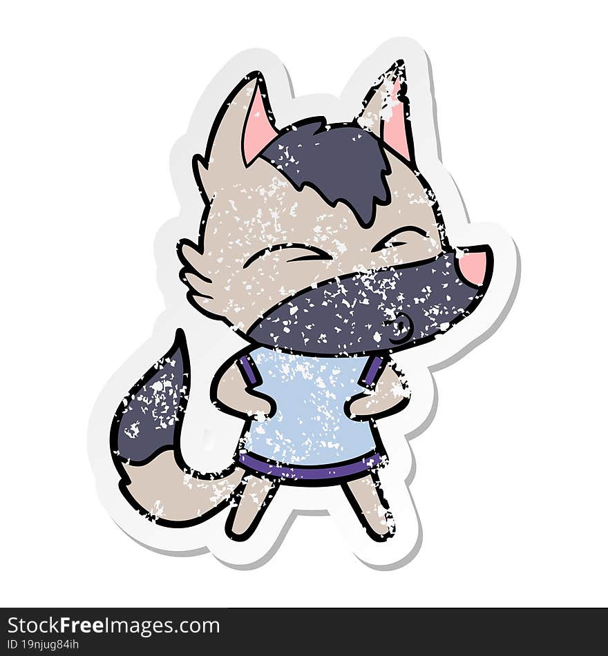 distressed sticker of a cartoon wolf whistling