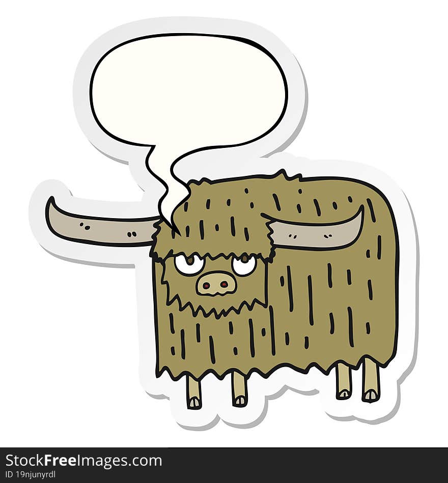 cartoon hairy cow with speech bubble sticker. cartoon hairy cow with speech bubble sticker