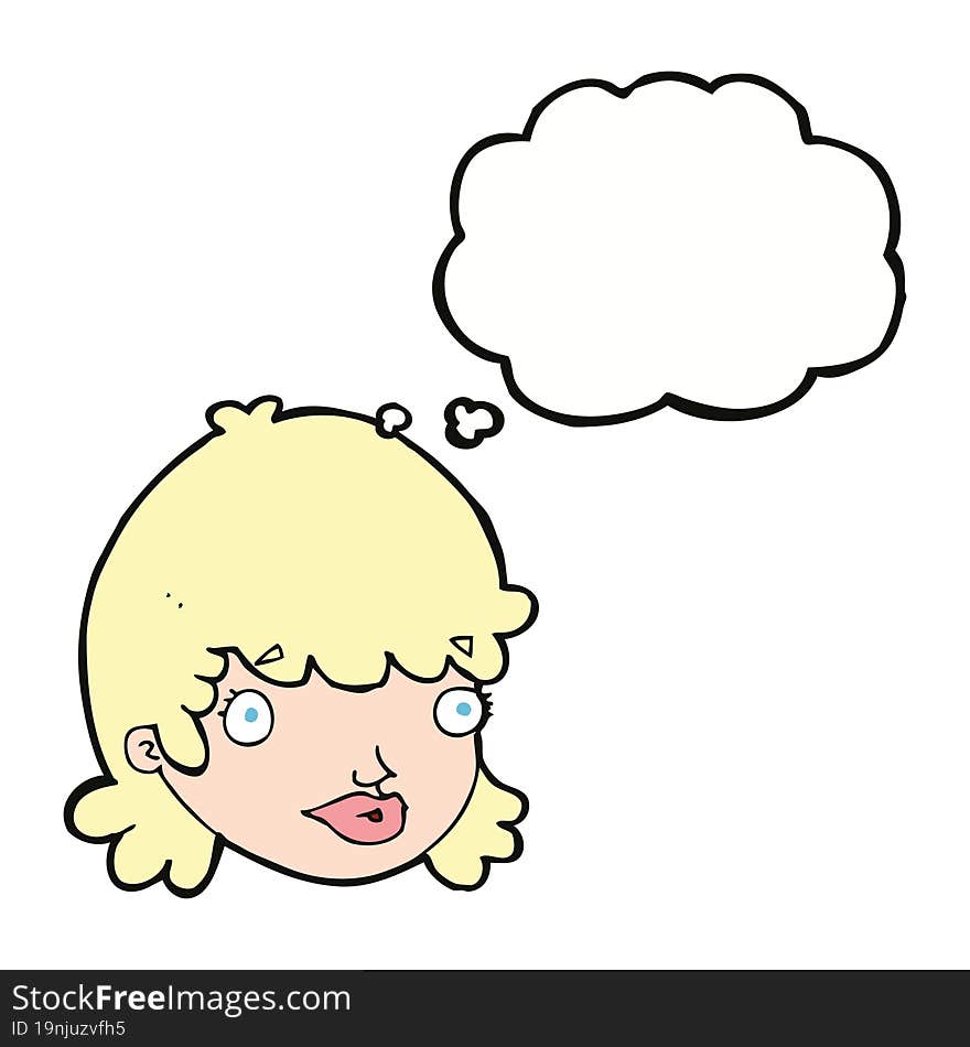 cartoon female face with surprised expression with thought bubble