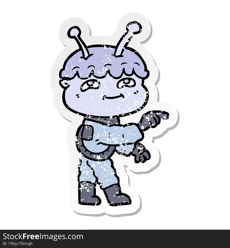 distressed sticker of a friendly cartoon spaceman pointing