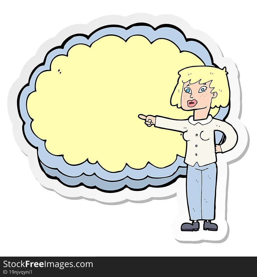 sticker of a cartoon woman with text cloud space