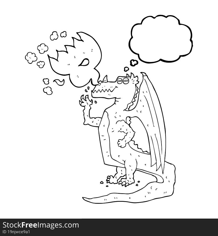 freehand drawn thought bubble cartoon happy dragon breathing fire