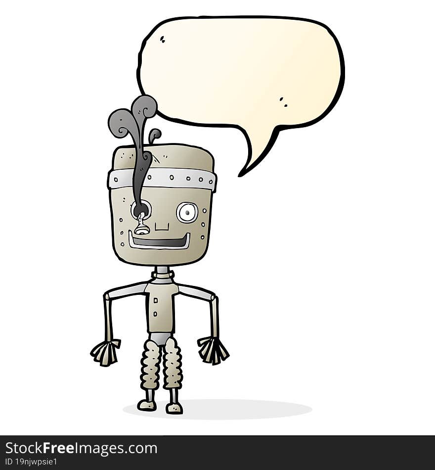 cartoon malfunctioning robot with speech bubble