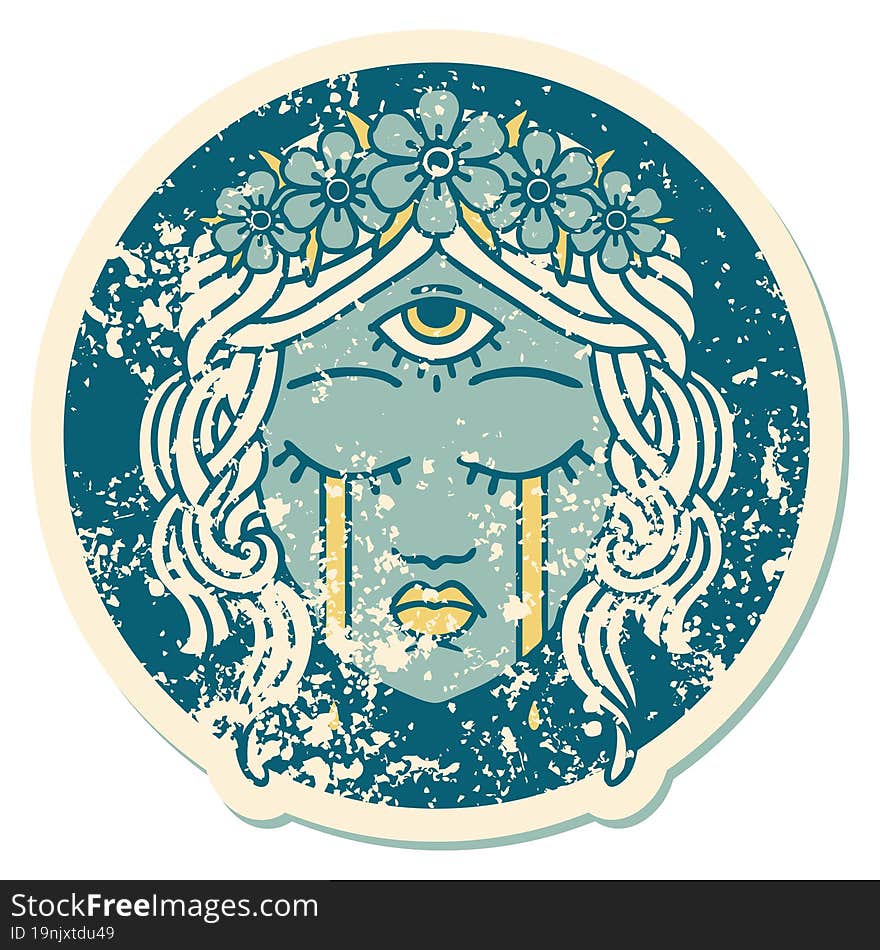 distressed sticker tattoo style icon of female face with third eye crying