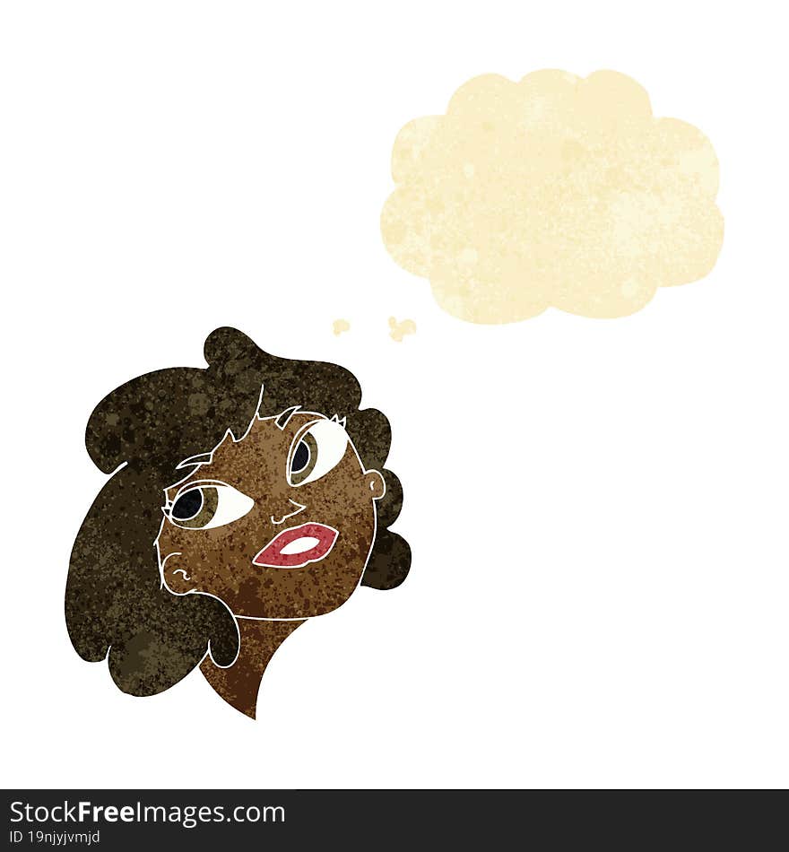 cartoon happy woman with thought bubble