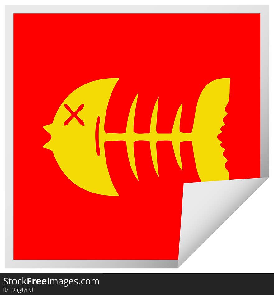 quirky square peeling sticker cartoon dead fish bone