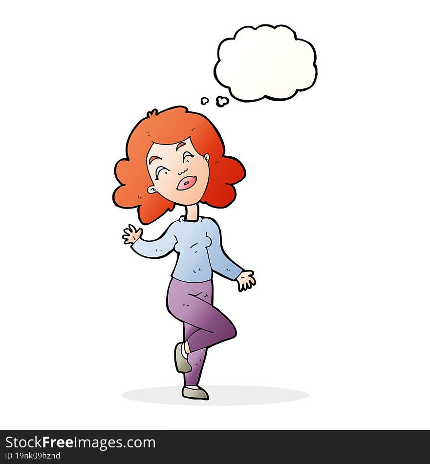 Cartoon Happy Woman Dancing With Thought Bubble