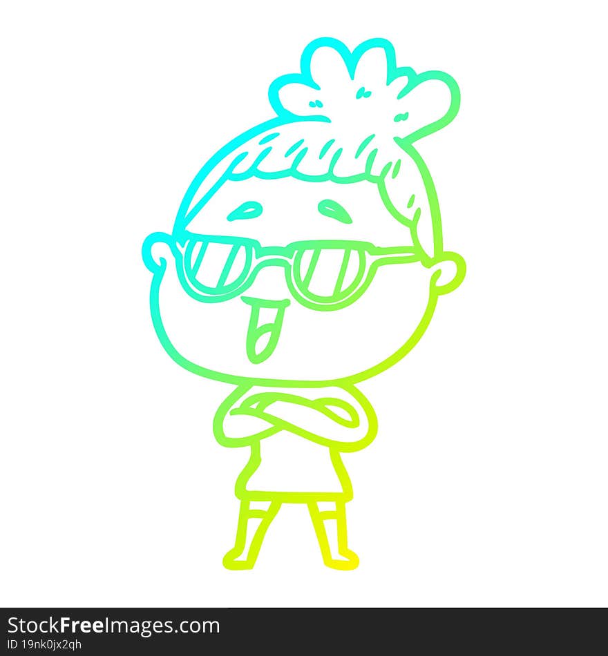 cold gradient line drawing cartoon happy woman wearing spectacles