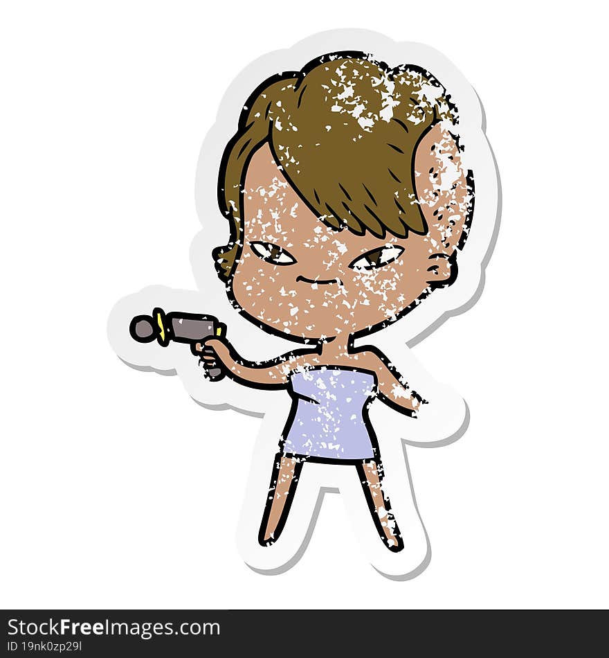 Distressed Sticker Of A Cute Cartoon Girl With Hipster Haircut