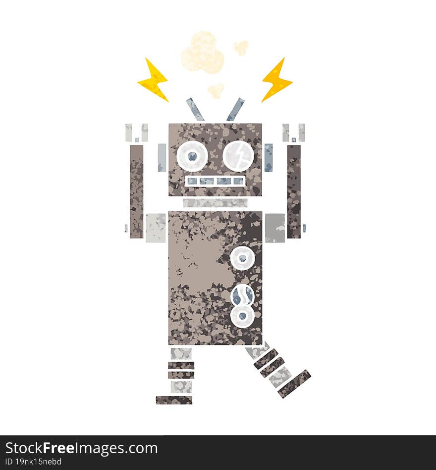 Retro Illustration Style Cartoon Malfunctioning Robot