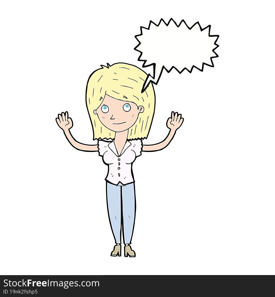 cartoon woman holding up hands with speech bubble