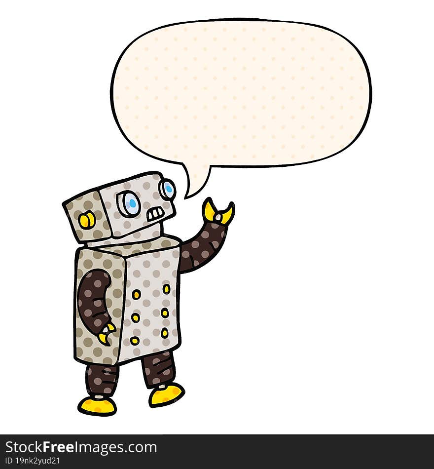 cartoon robot and speech bubble in comic book style