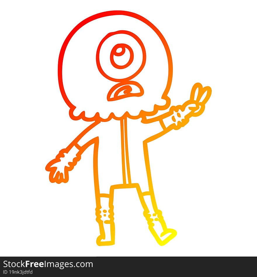 warm gradient line drawing of a cartoon cyclops alien spaceman giving peace sign