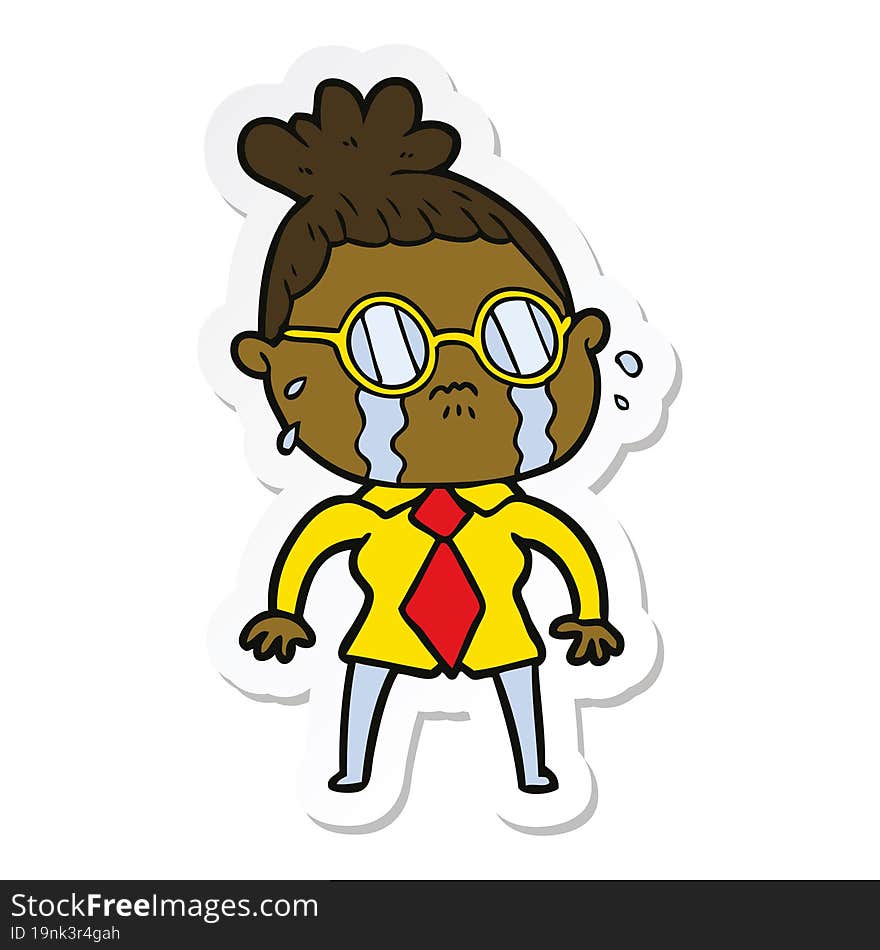 sticker of a cartoon crying woman wearing spectacles