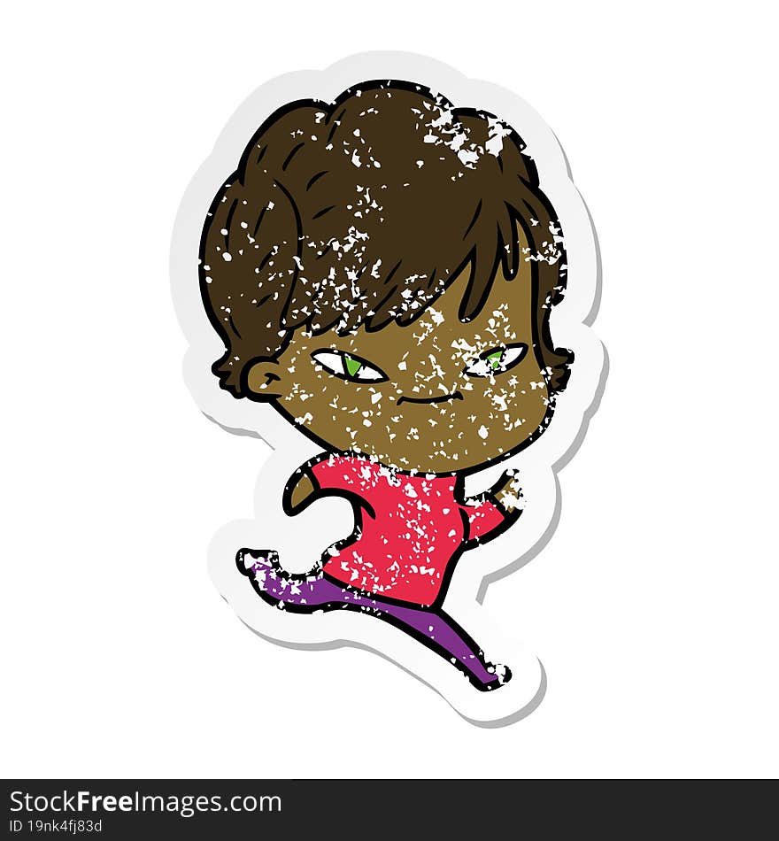 distressed sticker of a cartoon happy woman