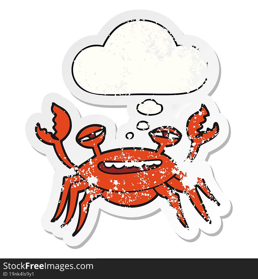 cartoon crab and thought bubble as a distressed worn sticker