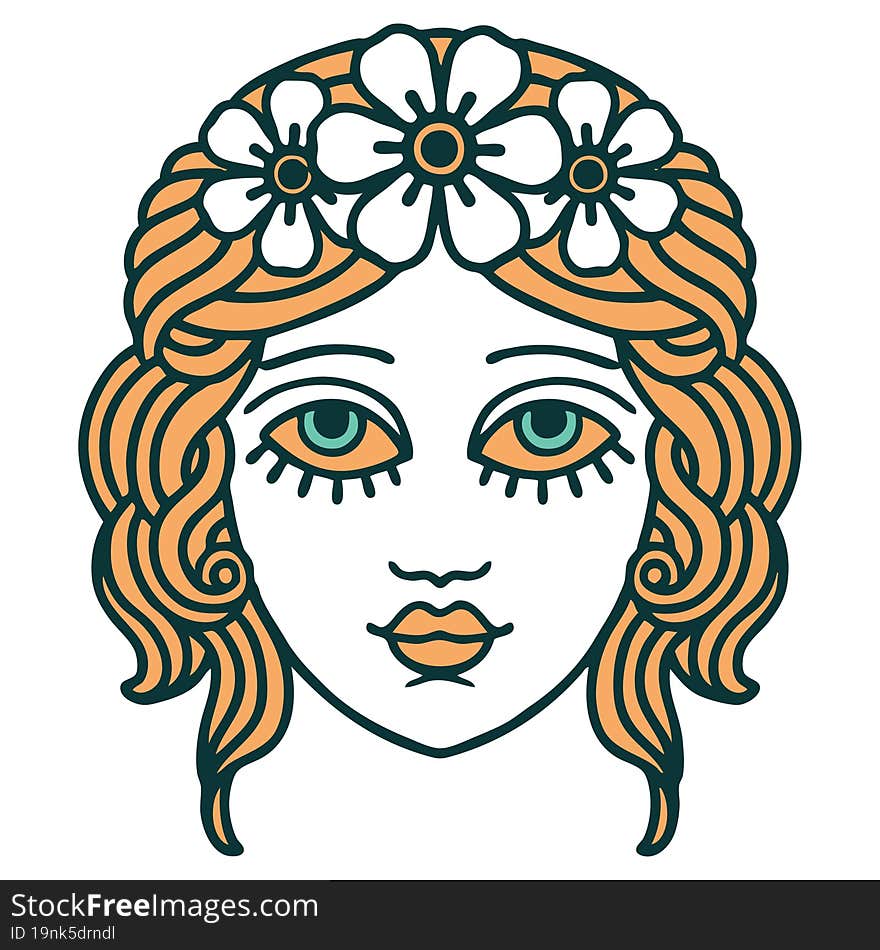 Tattoo Style Icon Of Female Face With Crown Of Flowers