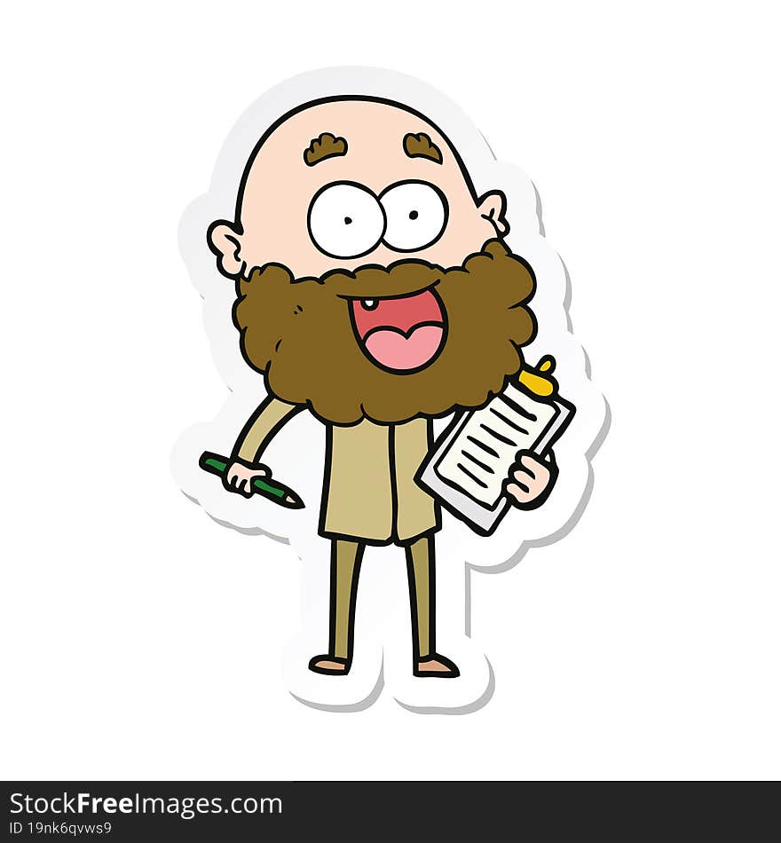 sticker of a cartoon crazy happy man with beard and clip board for notes