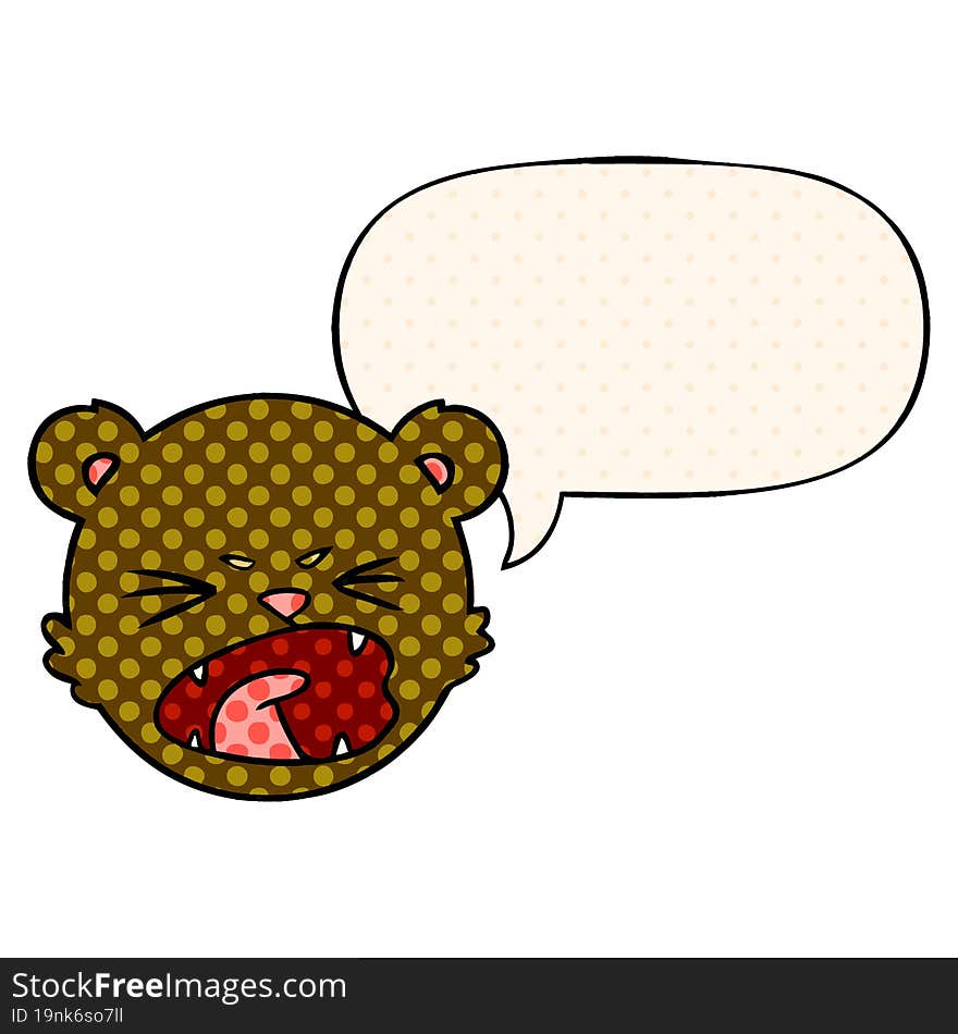 cute cartoon teddy bear face and speech bubble in comic book style