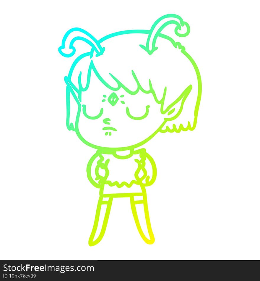 cold gradient line drawing of a cartoon alien girl