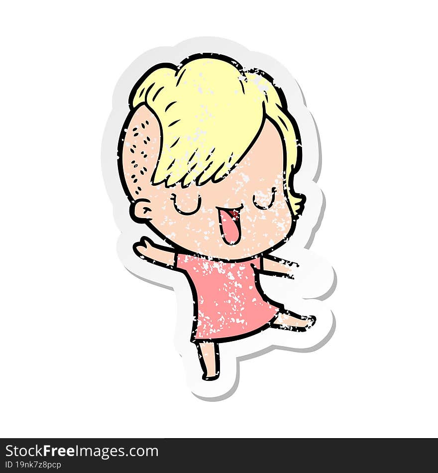 distressed sticker of a cute cartoon girl with hipster haircut