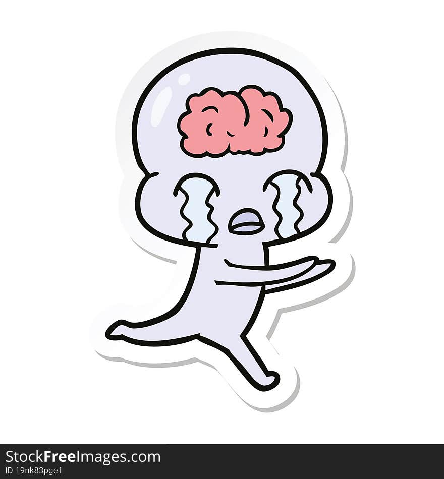 sticker of a cartoon big brain alien crying