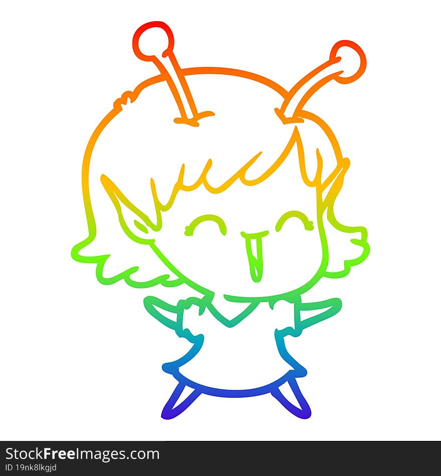 Rainbow Gradient Line Drawing Cartoon Alien Girl Laughing