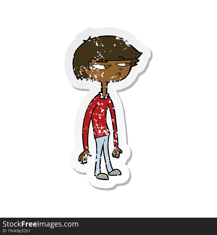 Retro Distressed Sticker Of A Cartoon Suspicious Boy