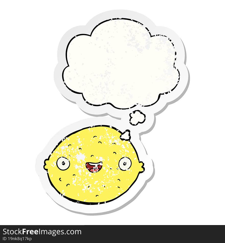 cartoon lemon and thought bubble as a distressed worn sticker