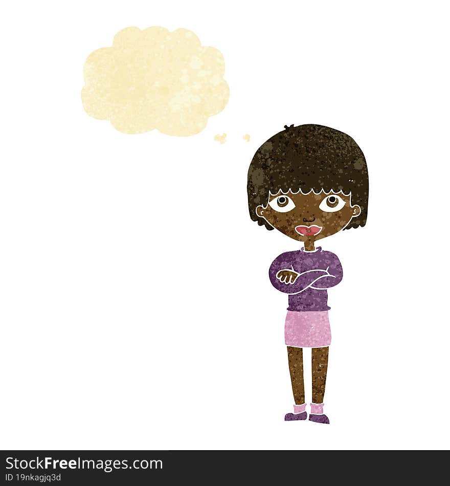 cartoon woman with folded arms with thought bubble