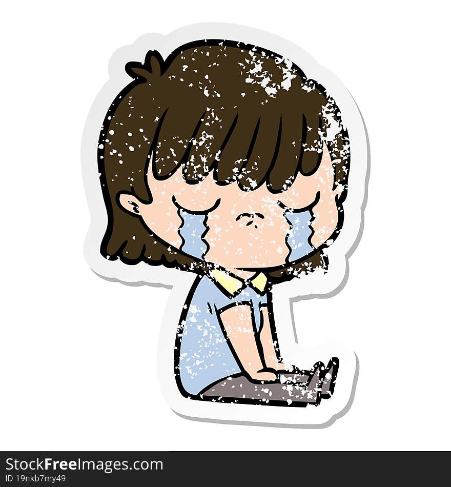 distressed sticker of a cartoon woman crying