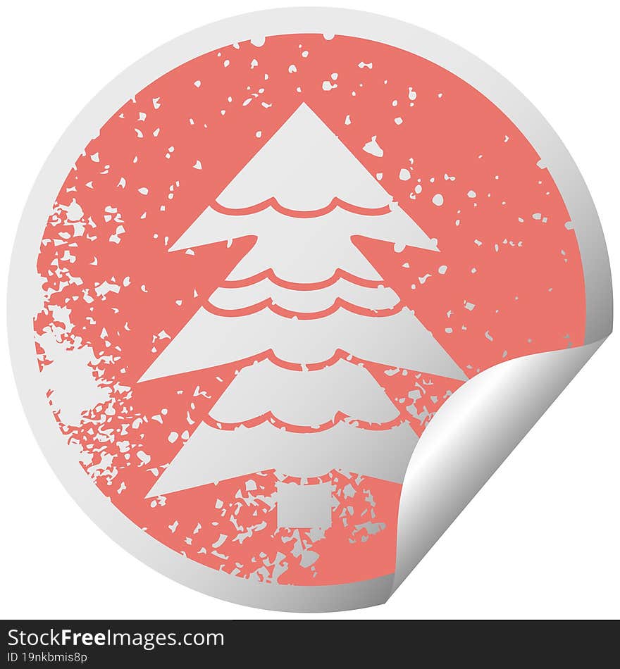 distressed circular peeling sticker symbol of a snow covered tree