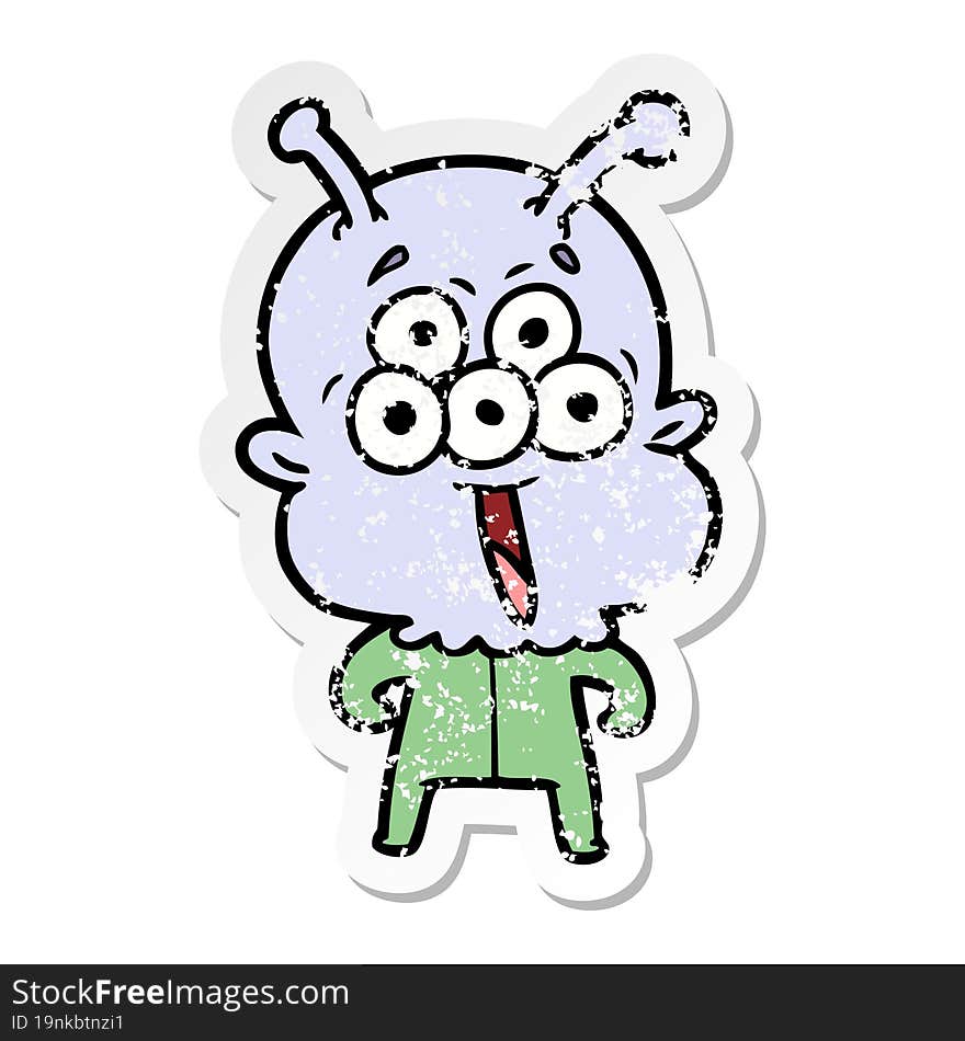 distressed sticker of a happy cartoon alien