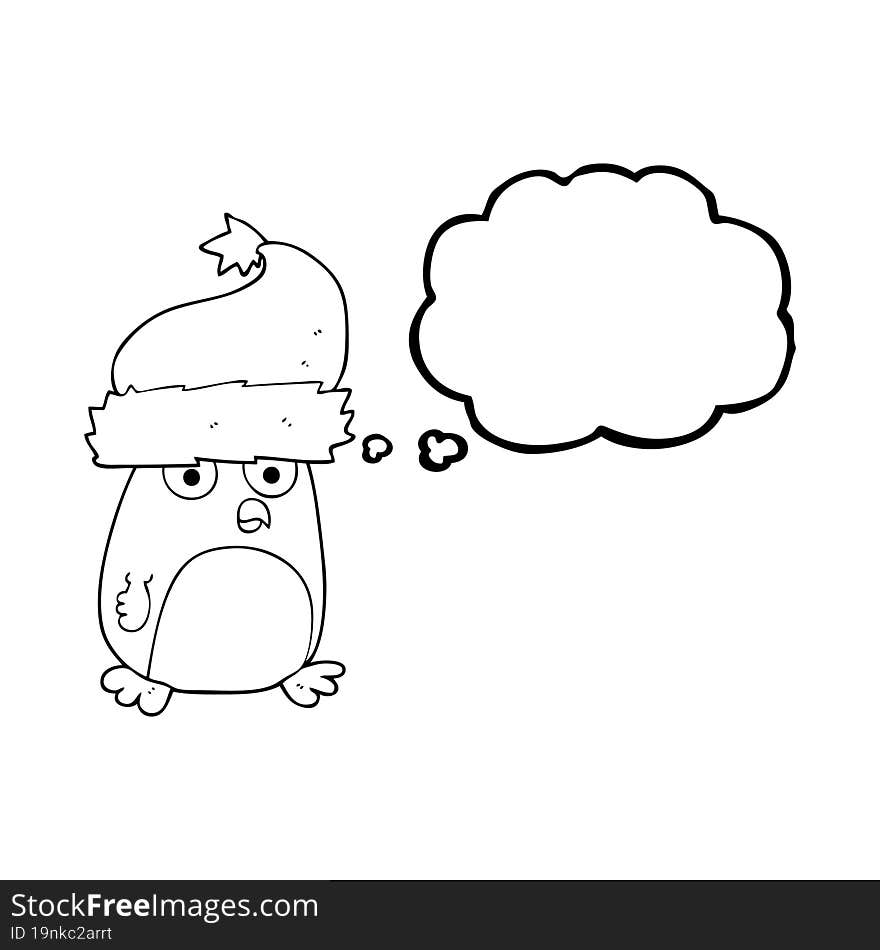 Thought Bubble Cartoon Christmas Robin Wearing Santa Hat