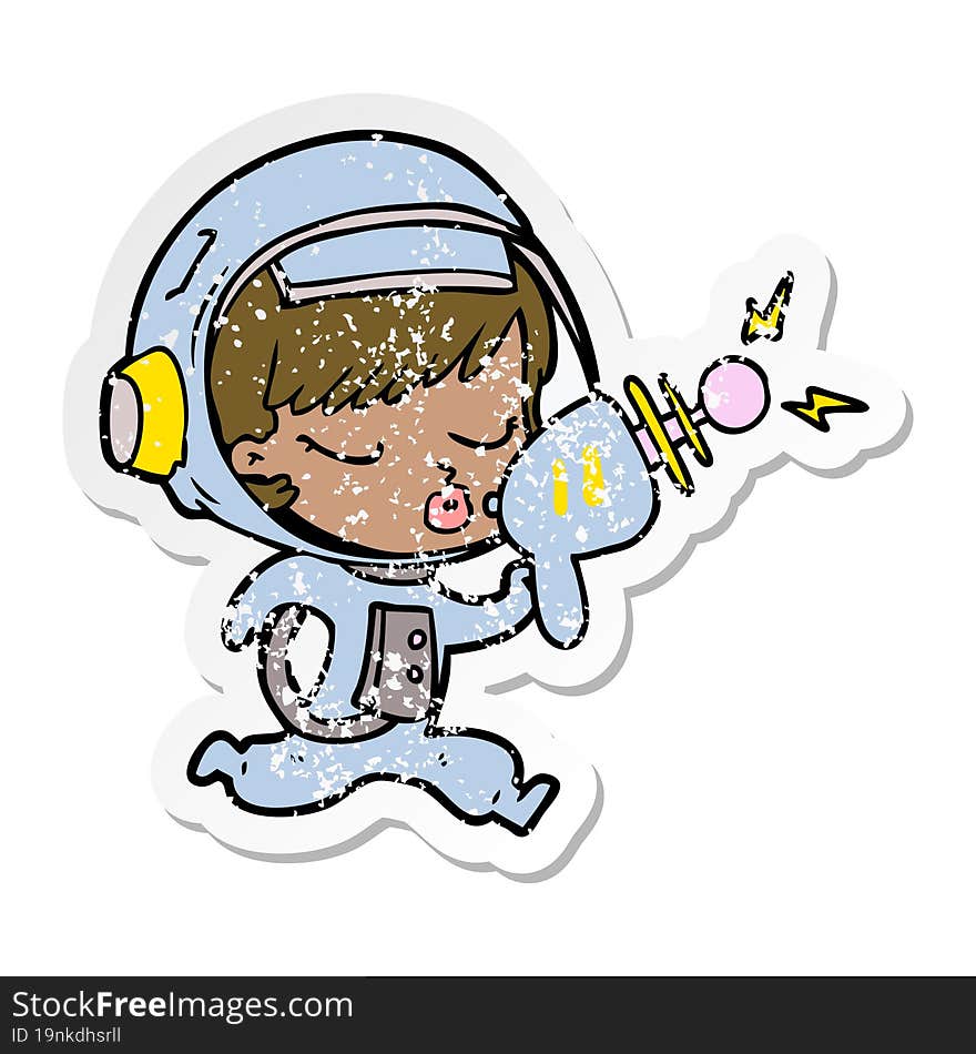 distressed sticker of a cartoon pretty astronaut girl with ray gun