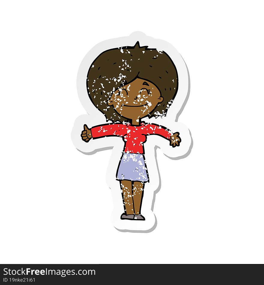 retro distressed sticker of a cartoon woman giving thumbs up sign