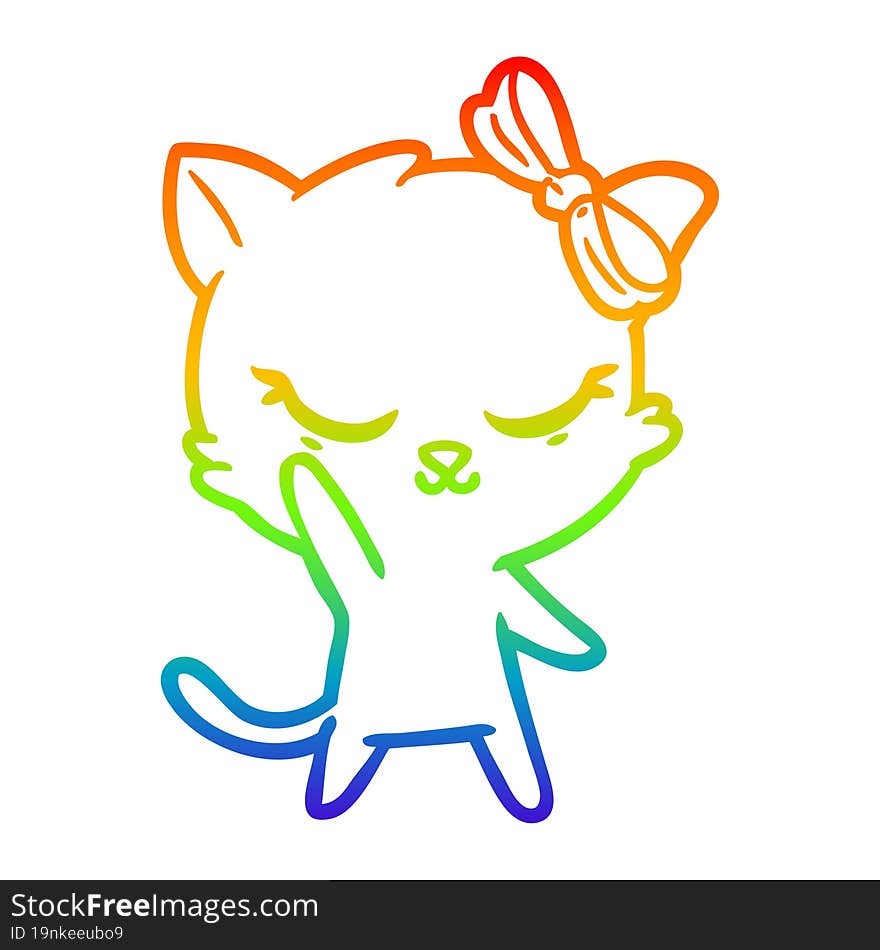 Rainbow Gradient Line Drawing Cute Cartoon Cat With Bow