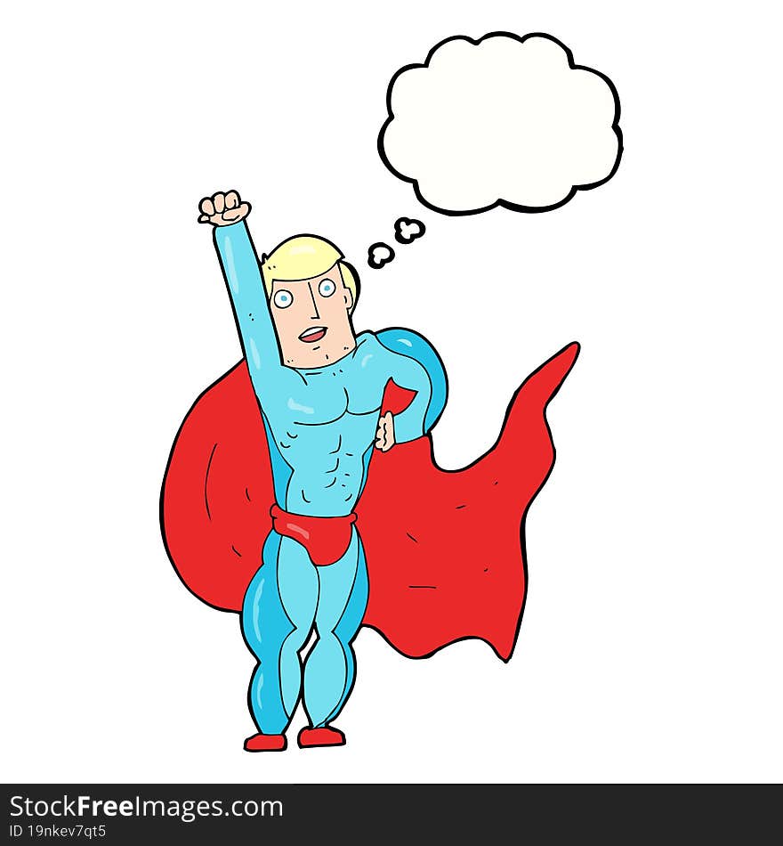 cartoon superhero with thought bubble