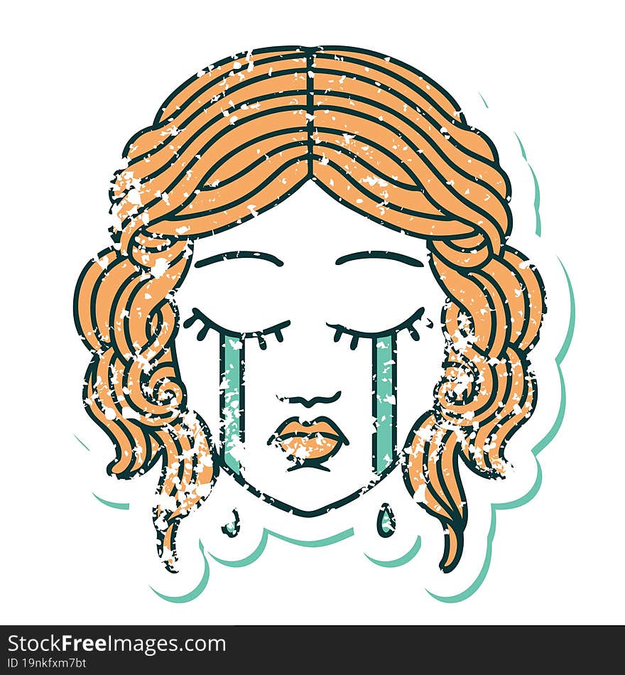 distressed sticker tattoo style icon of female face crying