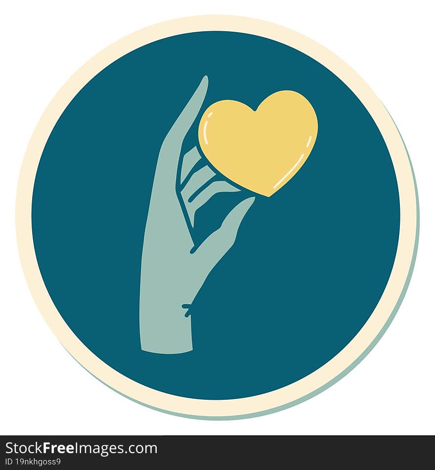 sticker of tattoo in traditional style of a hand holding a heart. sticker of tattoo in traditional style of a hand holding a heart