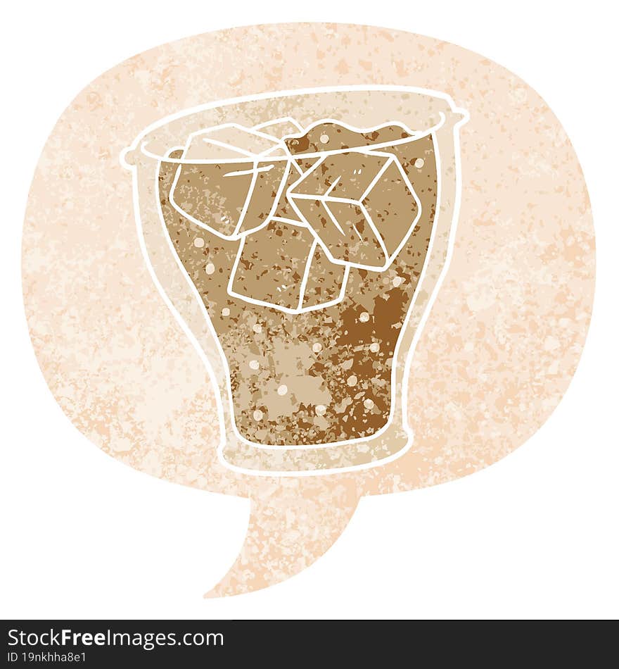 cartoon glass of cola and speech bubble in retro textured style