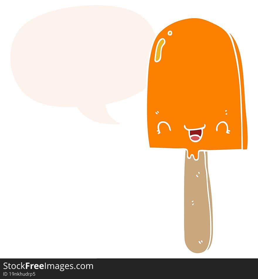 cartoon ice lolly and speech bubble in retro style