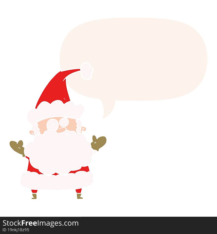 Cartoon Confused Santa Claus Shurgging Shoulders And Speech Bubble In Retro Style