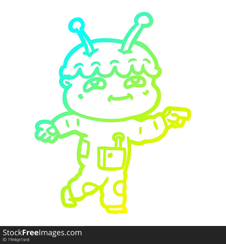 cold gradient line drawing friendly cartoon spaceman pointing