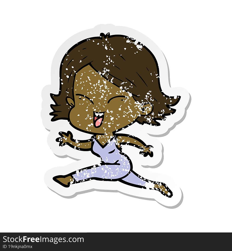 distressed sticker of a happy cartoon girl